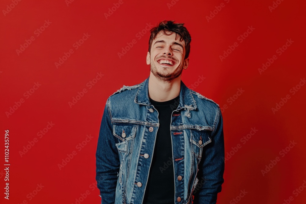 Cheerful Man in Jeans Jacket Winking Playfully at Camera Against Vibrant Red Backdrop Cheerful Man in Jeans Jacket Winking Playfully at Camera Against Vibrant Red Backdrop