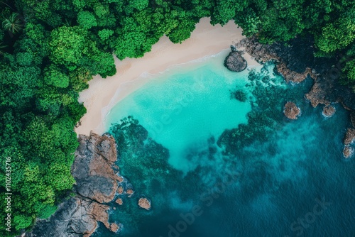 Obraz na płótnie Aerial View of Pristine Cove with Turquoise Water, Sandy Beach, and Lush Tropical Forest w salonie