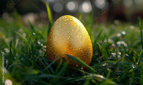 Obraz na płótnie Golden Easter Egg with Dewdrops in Fresh Green Grass, Symbol of Spring and Renewal w salonie
