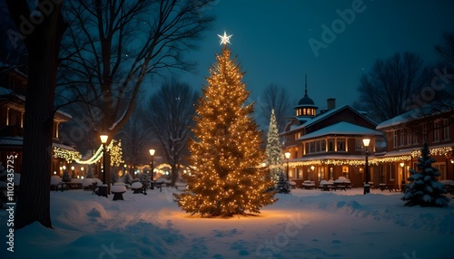 Christmas tree with lights and snow in the centre of the small city