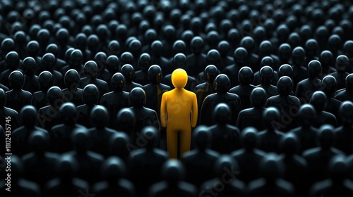 Yellow Figure Standing Out Among Black Figures as a Symbol of Individuality and Nonconformity