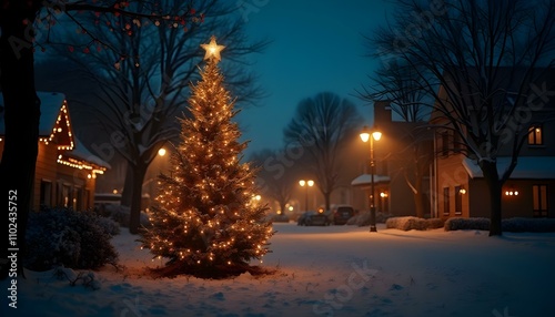 Christmas tree with lights and snow in the centre of the small city