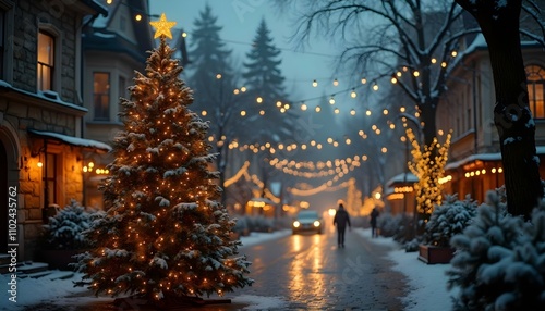 Christmas tree with lights and snow in the centre of the small city
