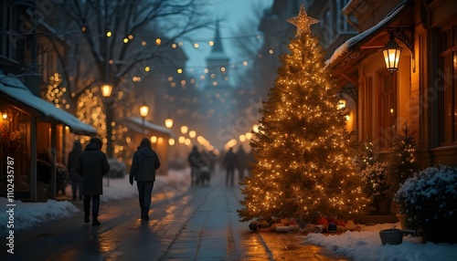 Christmas tree with lights and snow in the centre of the small city