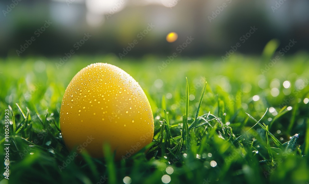 Golden Easter Egg with Dewdrops in Fresh Green Grass, Symbol of Spring and Renewal