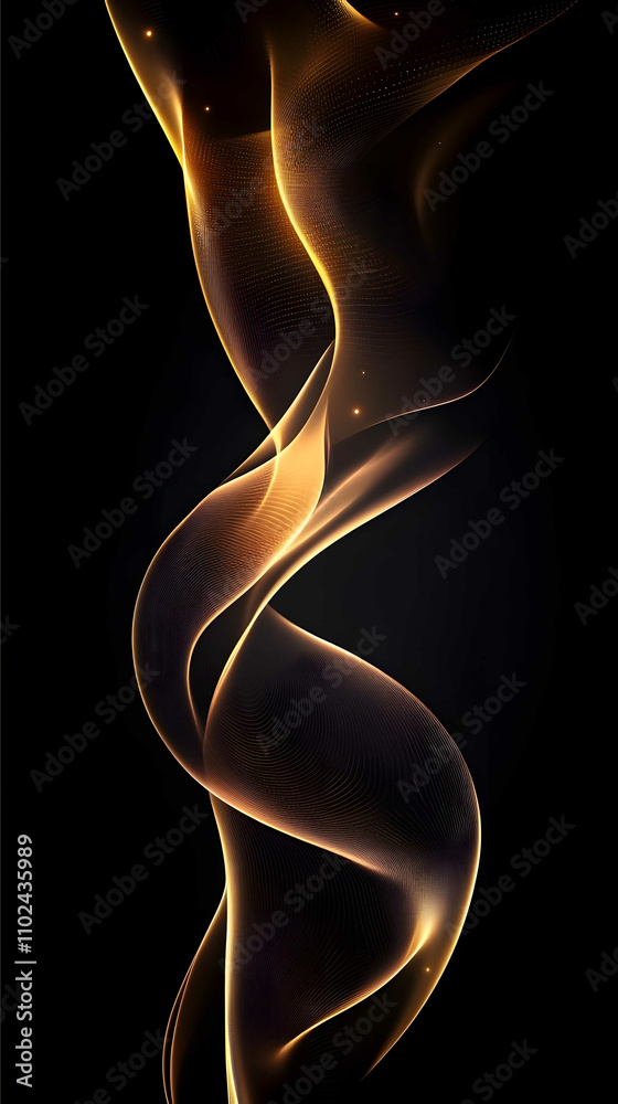 A golden light swirls around the curves of an abstract shape creating a sense of movement and energy on a dark background The design incorporates deep black with subt A golden light swirls around the curves of an abstract shape creating a sense of movement and energy on a dark background The design incorporates deep black with subt