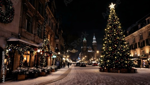 Christmas tree with lights and snow in the centre of the small city