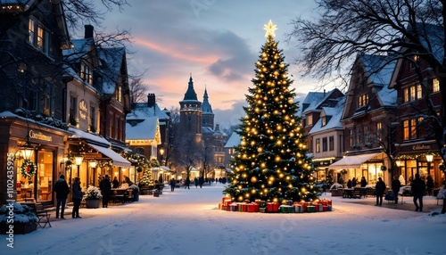 Christmas tree with lights and snow in the centre of the small city