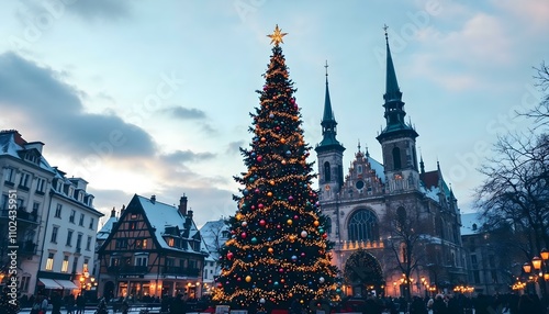 Christmas tree with lights and snow in the centre of the small city