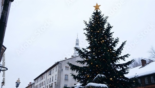 Christmas tree with lights and snow in the centre of the small city