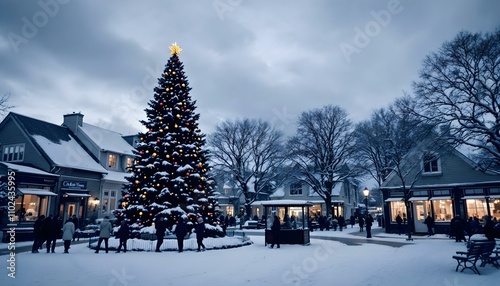 Christmas tree with lights and snow in the centre of the small city