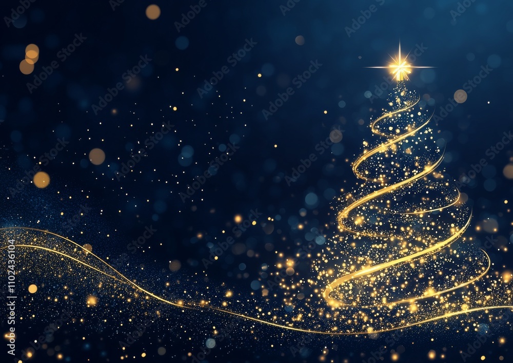 Golden Spiral Christmas Tree with Sparkling Bokeh on Elegant Dark Blue Background