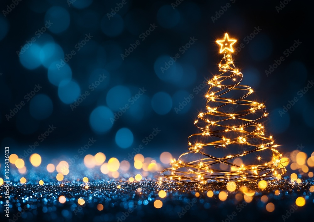 Minimalist Christmas Tree of Golden Lights with Star Topper on Blue Bokeh Background