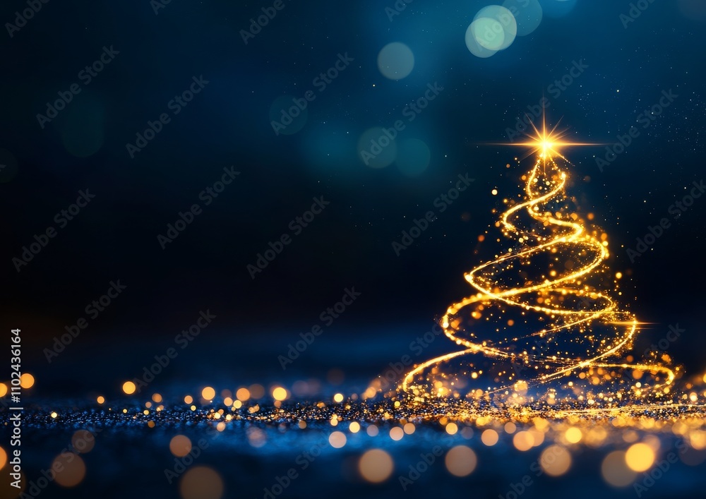 Minimalist Christmas Tree of Golden Lights with Star Topper on Blue Bokeh Background