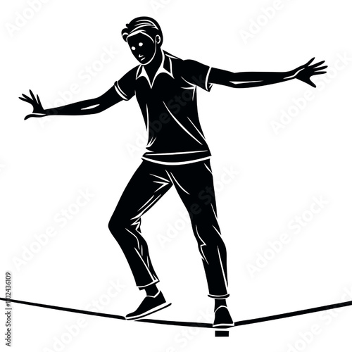 Vector Tightrope Walker Silhouette: A stylized graphic illustration of a man balancing precariously on a tightrope, symbolizing challenge, risk, and the delicate balance of life.