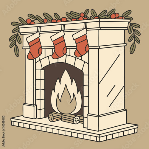 A warm and detailed fireplace scene with a crackling fire, stockings hanging from the mantel  Vector Artwork