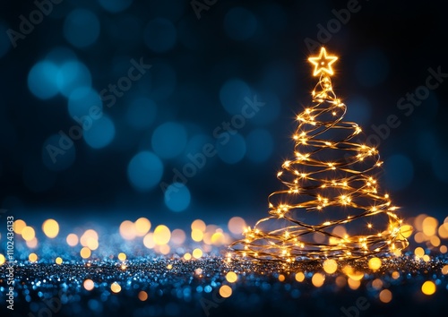 Obraz na płótnie Minimalist Christmas Tree of Golden Lights with Star Topper on Blue Bokeh Background w salonie