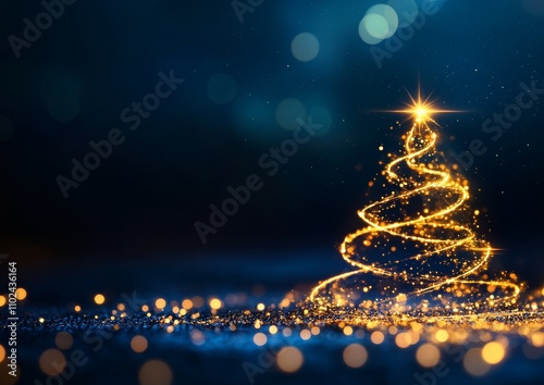 Obraz na płótnie Minimalist Christmas Tree of Golden Lights with Star Topper on Blue Bokeh Background w salonie
