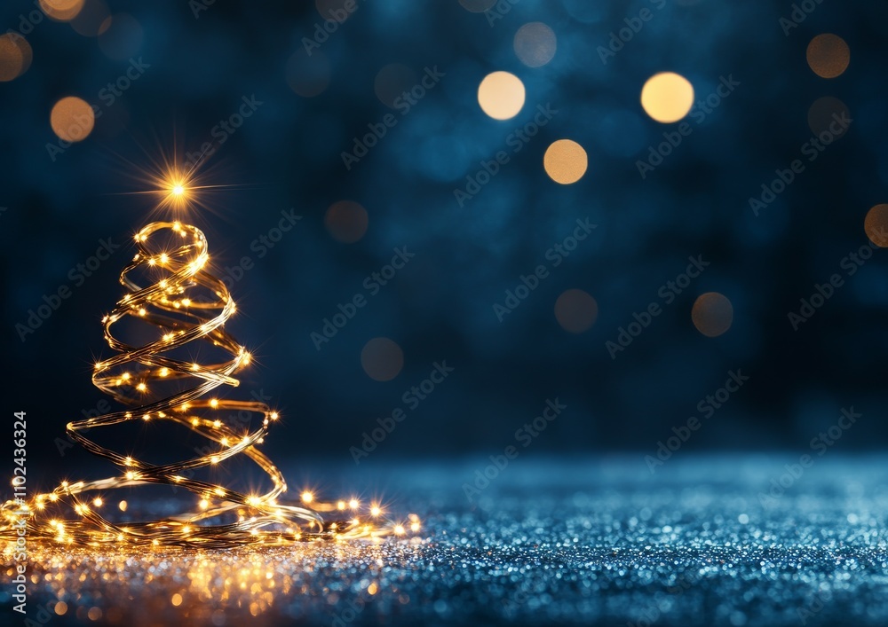 Golden Spiral Christmas Tree with Sparkling Bokeh on Elegant Dark Blue Background