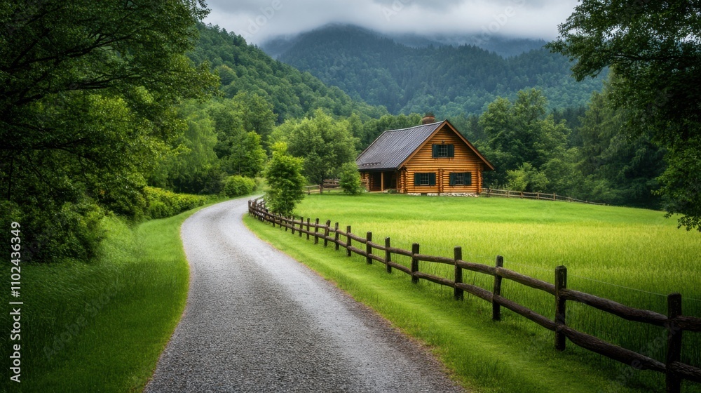 Serene Ranch Landscape with Cozy Farmhouse Serene Ranch Landscape with Cozy Farmhouse