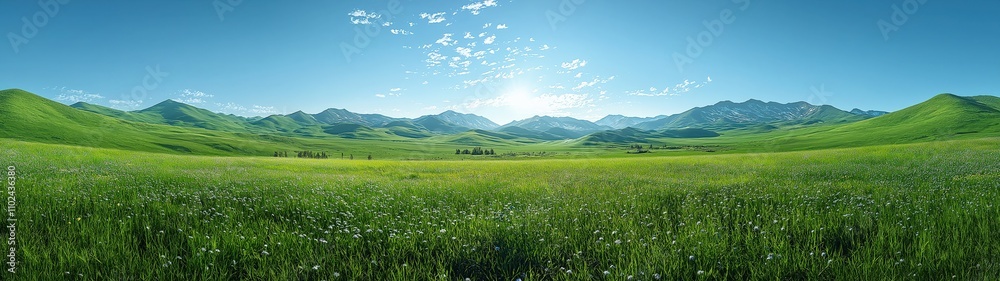 Panoramic View of Serene Green Grasslands with Snow-Capped Mountains and Blue Sky in Retro Rococo Style Panoramic View of Serene Green Grasslands with Snow-Capped Mountains and Blue Sky in Retro Rococo Style