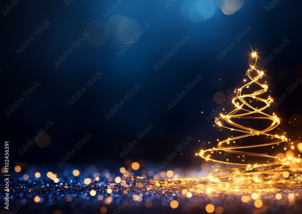 Glowing Christmas Tree with Golden Light Trails and Sparkling Bokeh on Dark Background