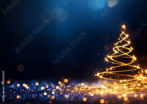Obraz na płótnie Glowing Christmas Tree with Golden Light Trails and Sparkling Bokeh on Dark Background w salonie