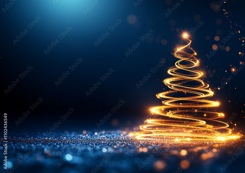 Glowing Christmas Tree with Golden Light Trails and Sparkling Bokeh on Dark Background