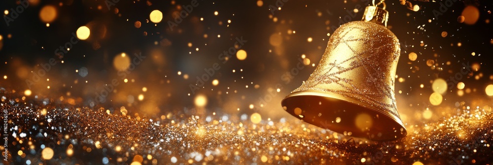 Golden Christmas Bell with Sparkling Glitter and Festive Bokeh on Warm Background