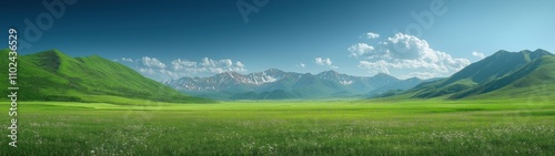 Panoramic View of Serene Green Grasslands with Snow-Capped Mountains and Blue Sky in Retro Rococo Style