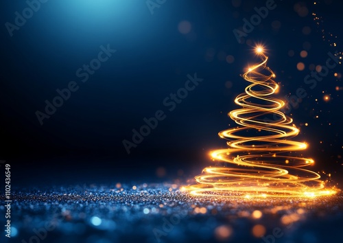 Obraz na płótnie Glowing Christmas Tree with Golden Light Trails and Sparkling Bokeh on Dark Background w salonie