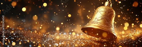 Obraz na płótnie Golden Christmas Bell with Sparkling Glitter and Festive Bokeh on Warm Background w salonie