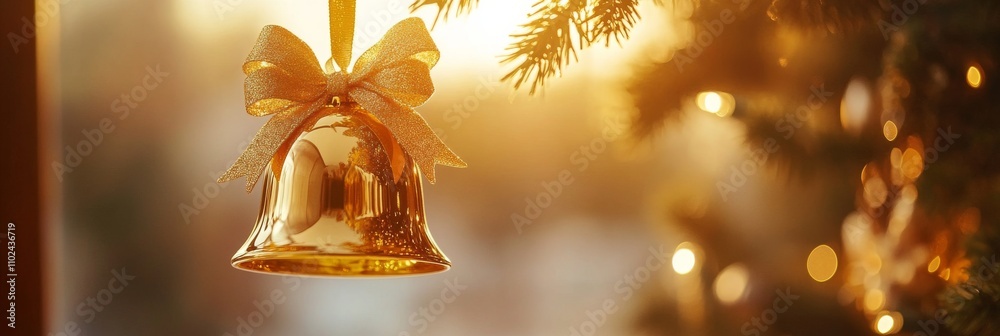 Golden Christmas Bell with Glittery Bow Hanging on Tree Branch in Warm Festive Light
