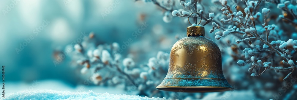 Golden Christmas Bell with Frost Details Hanging on Snowy Branch in Winter Scene