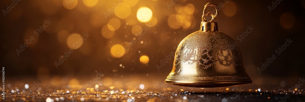 Golden Christmas Bell with Glittery Bow Hanging on Tree Branch in Warm Festive Light