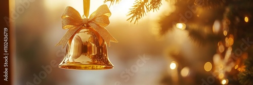 Golden Christmas Bell with Glittery Bow Hanging on Tree Branch in Warm Festive Light