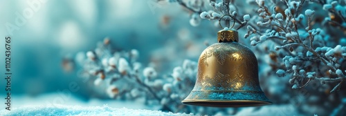 Golden Christmas Bell with Frost Details Hanging on Snowy Branch in Winter Scene