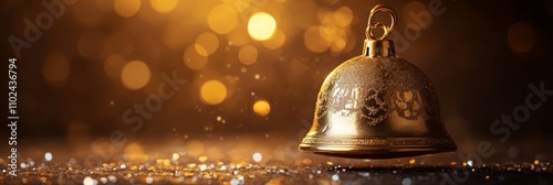 Obraz na płótnie Golden Christmas Bell with Glittery Bow Hanging on Tree Branch in Warm Festive Light w salonie