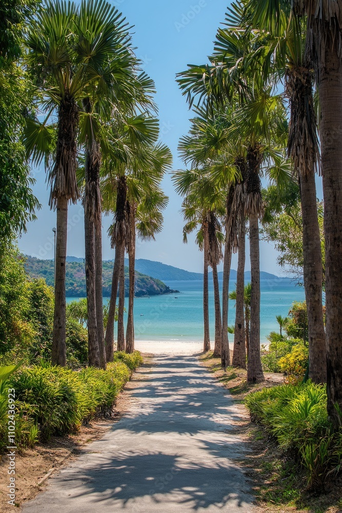 Serene Pathway through Lush Palm Tees Leading to Tranquil Nai Thon Beach, Phuket, Thailand