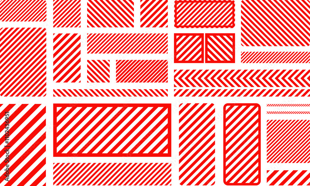 Fototapeta premium Attention, danger or caution sign. Various white and red warning signs with diagonal lines stripes. Danger zone background