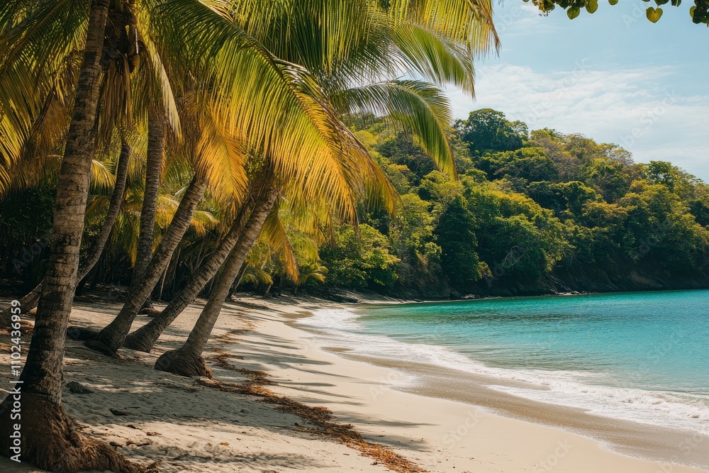 Tropical Beach with Leaning Palm Trees, White Sand, and Clear Turquoise Waters