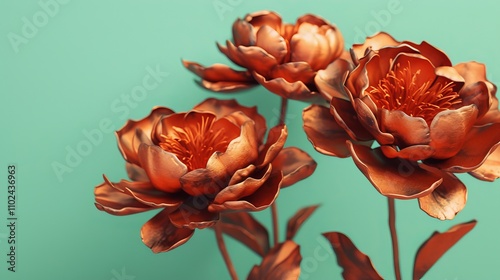 A stunning arrangement of copper-toned peonies against a light green backdrop, showcasing detailed petals and stems in a modern and elegant floral composition. AI generated.