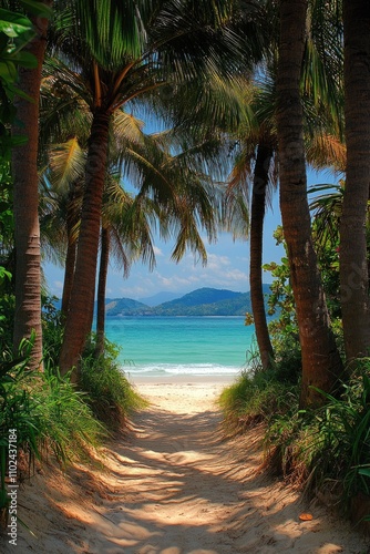 Tranquil Pathway Between Palm Tees Leading to Nai Thon Beach, Phuket â€“ A Serene Vacation Escape