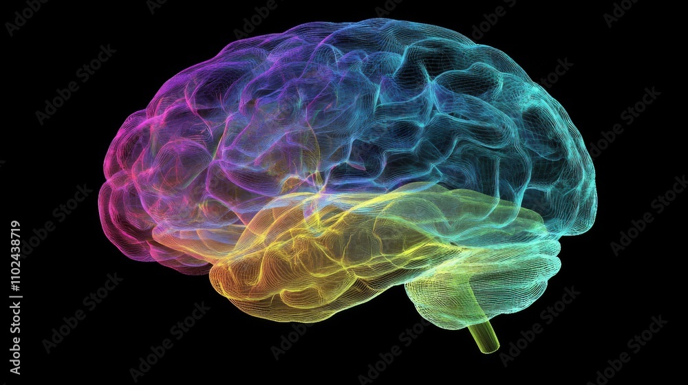 Colorful Digital Representation of a Human Brain on Black Background Colorful Digital Representation of a Human Brain on Black Background