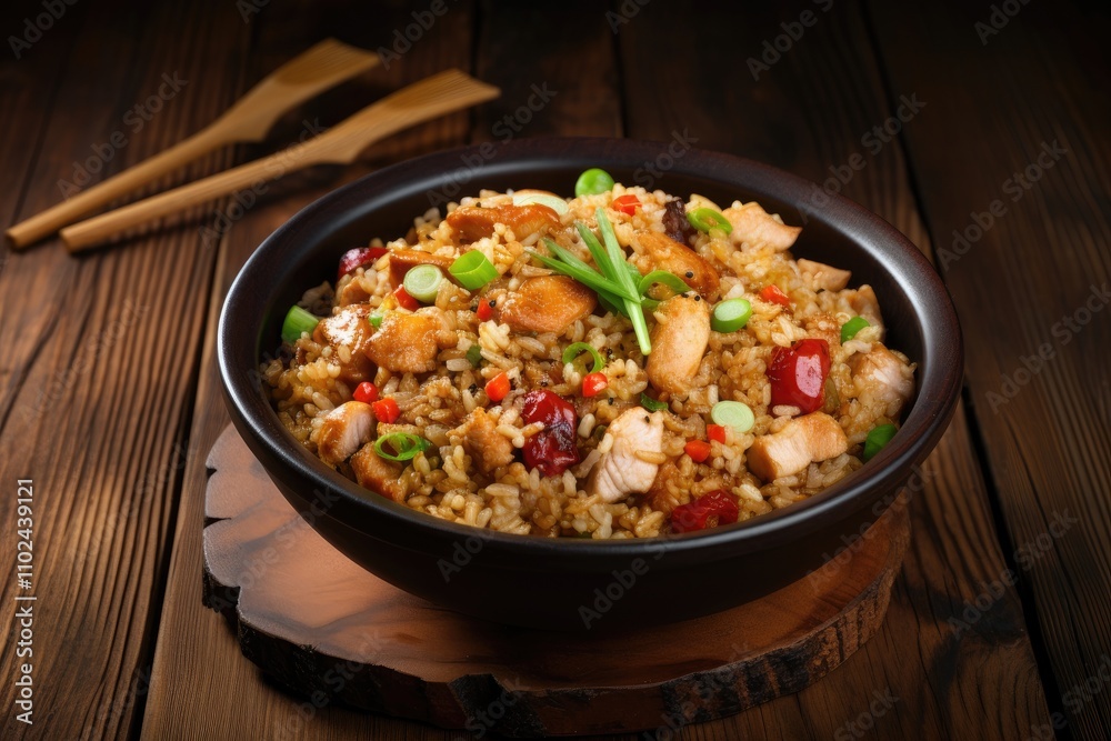 Chicken fried rice cooked and presented in a wok with a wooden background captured from above Chicken fried rice cooked and presented in a wok with a wooden background captured from above