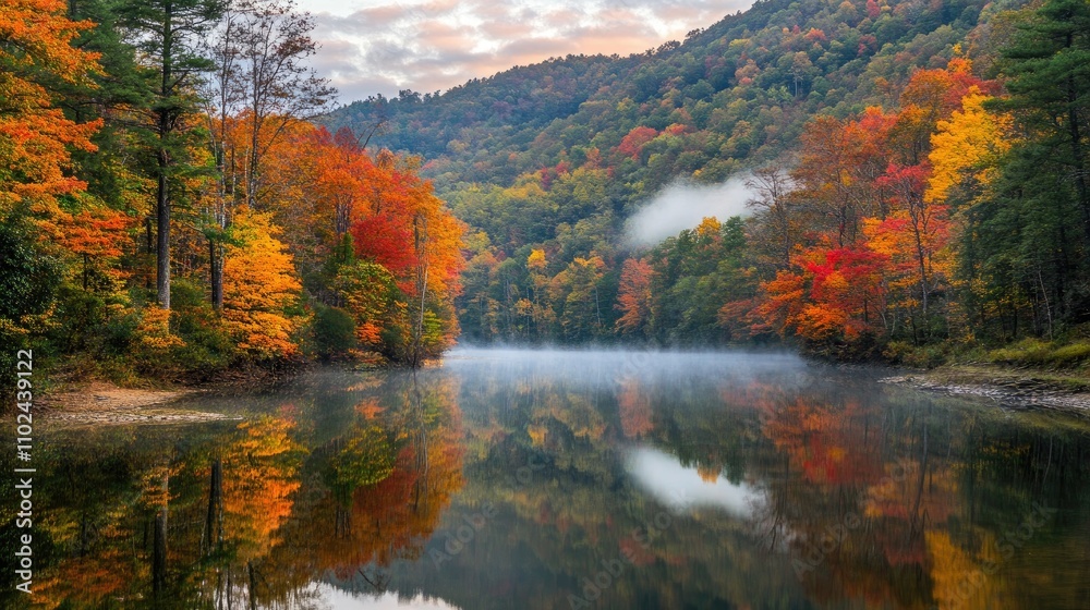 Naklejka premium Misty autumn morning reflecting in calm lake, vibrant fall foliage on hillside.