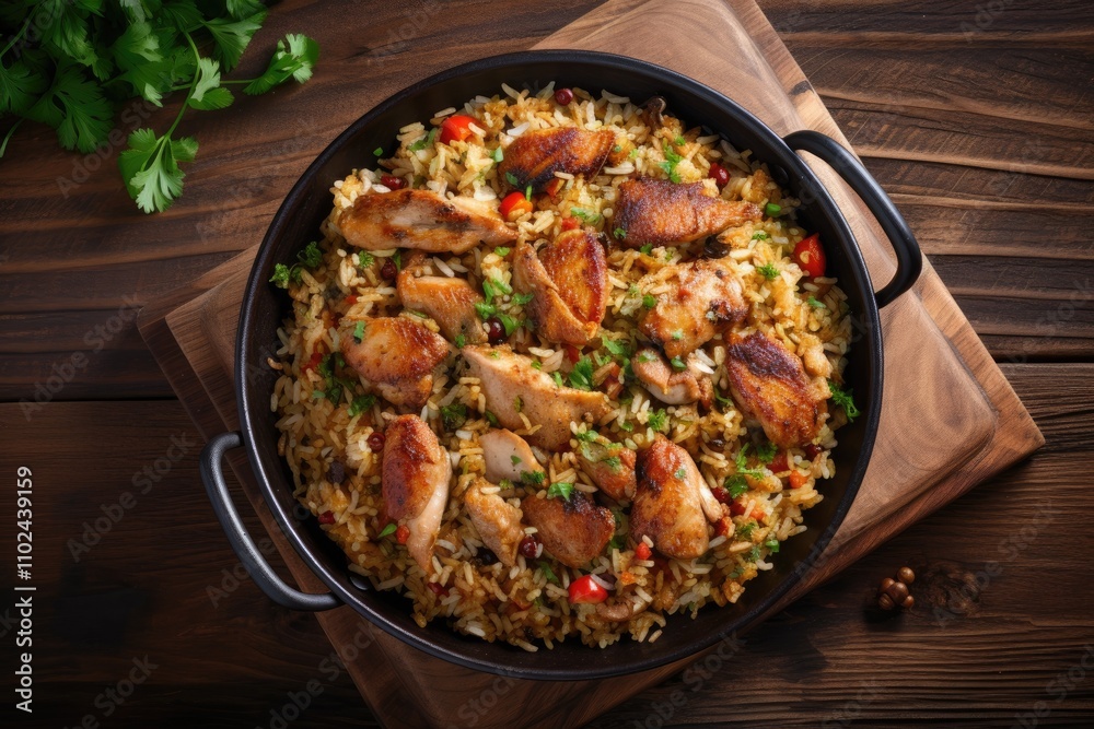 Chicken fried rice cooked and presented in a wok with a wooden background captured from above Chicken fried rice cooked and presented in a wok with a wooden background captured from above