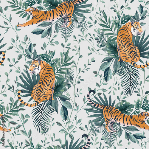 Tiger and monstera seamless pattern design illustration. Endless pattern safari. Jungle animal pattern.