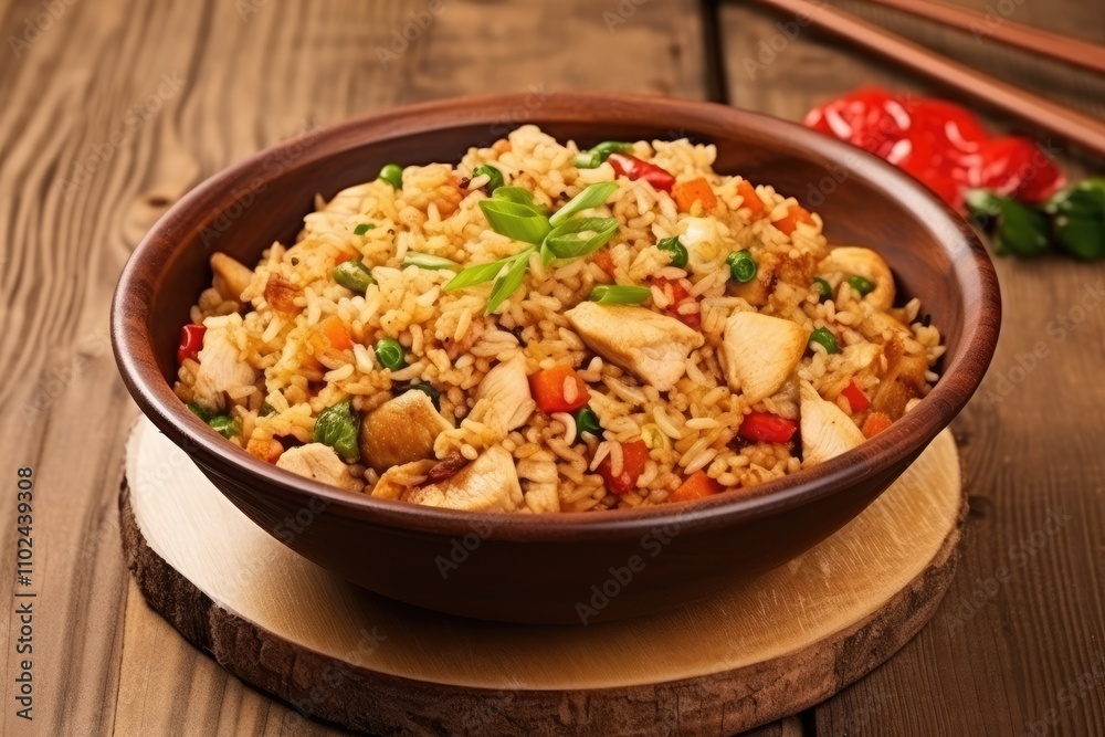 Chicken fried rice served in a wok with a wooden background from a bird s eye view Chicken fried rice served in a wok with a wooden background from a bird s eye view