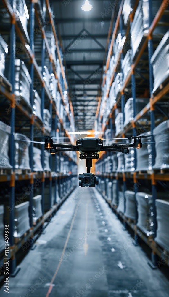 Fototapeta premium AI-Powered Drone Navigating Warehouse for Advanced Inventory Management and Automation